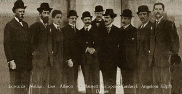 Some of the founding members (soci fondatori) of the Milan Foot-Ball and Cricket Club in an image from December 1899, among them Herbert Kilpin and president Alfred Edwards.