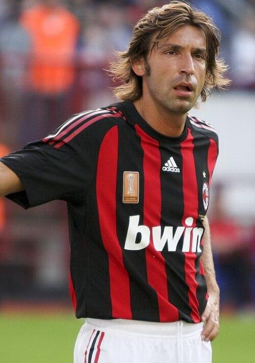 Andrea Pirlo in rossonero. Signed from Internazionale in the summer 2001 rebuild alongside Rui Costa and Filippo Inzaghi, he was the young playmaker Ancelotti would drop into midfield and turn into the regista of the great Milan side. (Photographed 1 August 2008.)