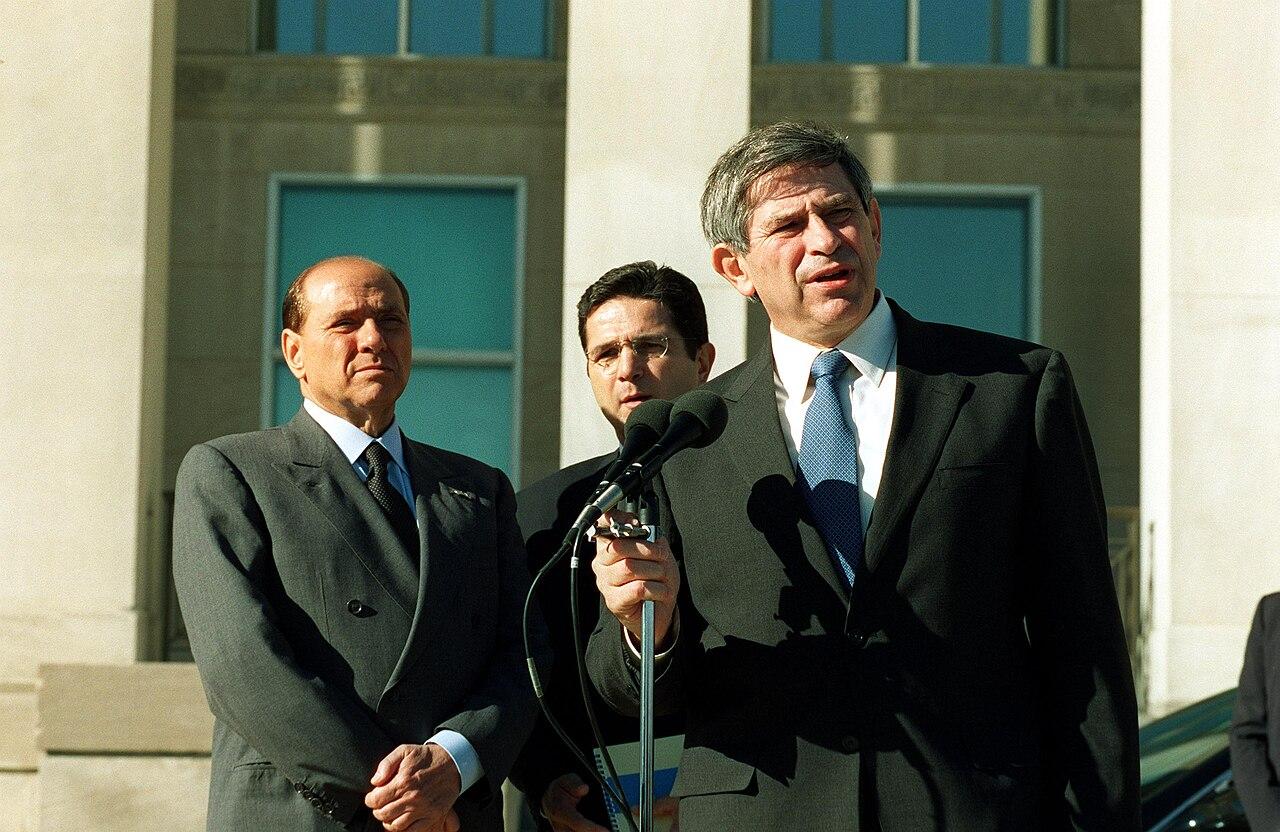 Silvio Berlusconi at the Pentagon, 15 October 2001 — five months after returning as Italy's Prime Minister and while still Milan's owner-president, the year the club sacked two coaches and reached for Carlo Ancelotti.
