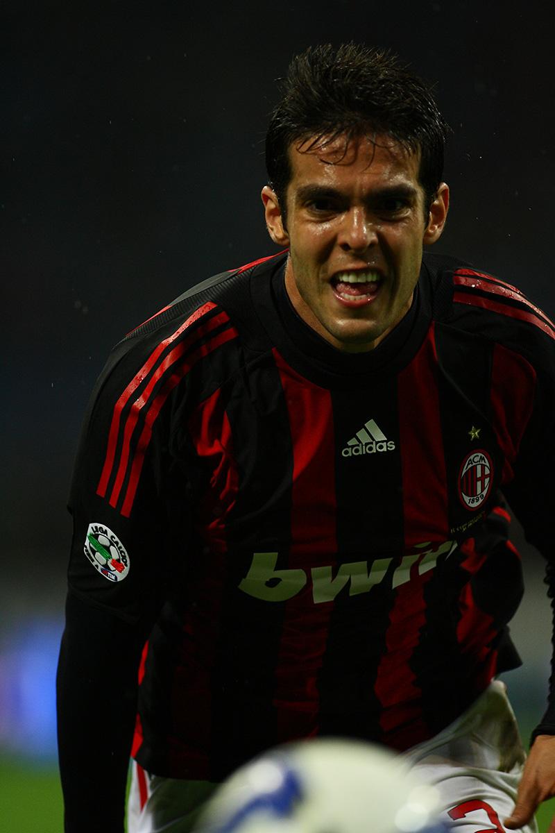 Kaká in the rossoneri stripes at the Stadio Giuseppe Meazza during the Serie A match between Milan and Torino, 19 April 2009 — the talisman of Ancelotti's last Milan side.