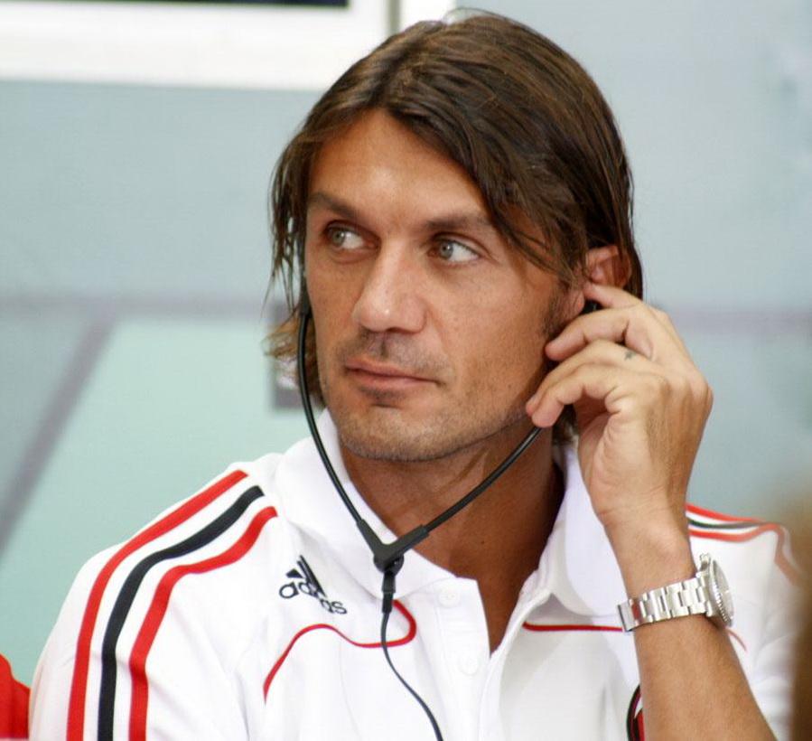 Paolo Maldini in Milan training colours at a press conference, 1 August 2008 — the captain, turned forty that June, beginning his penultimate season.