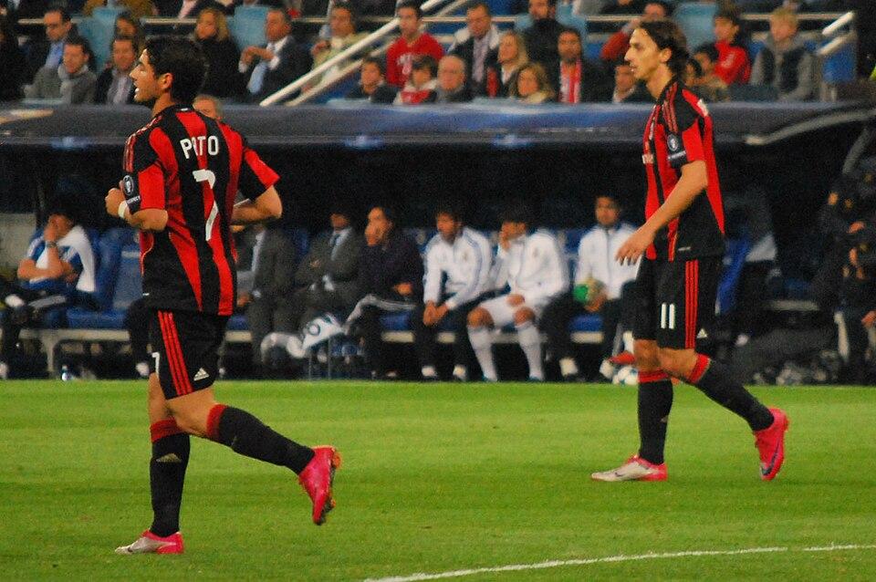 Alexandre Pato and Zlatan Ibrahimovic during Real Madrid v Milan in the 2010-11 UEFA Champions League, Santiago Bernabeu, 19 October 2010 — two of the three men who would each score 14 Serie A goals in the scudetto season.