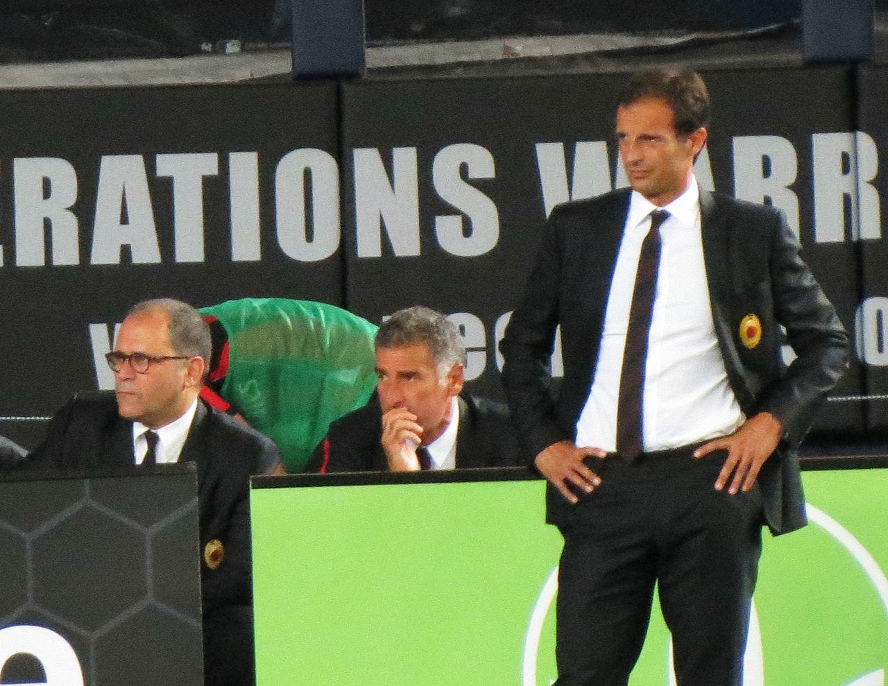 Massimiliano Allegri on the touchline coaching Milan against Real Madrid, 8 August 2012 — the American pre-season that followed the summer fire-sale, weeks before the worst league start of the Berlusconi era.