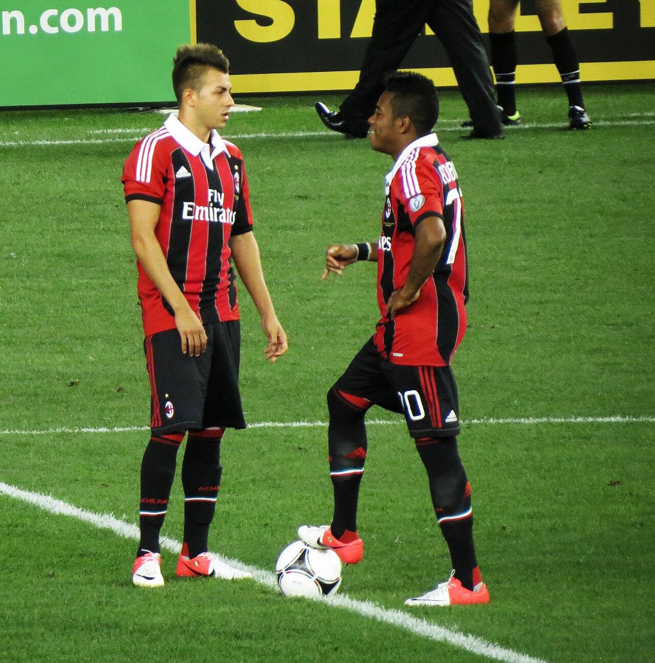 Stephan El Shaarawy and Robinho at the centre circle in the 2012-13 shirt, Milan v Real Madrid, 8 August 2012 — the rebuilt attack left behind after Ibrahimović and Thiago Silva went to PSG.