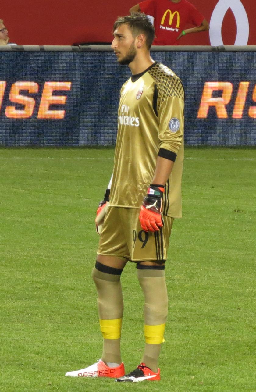 Gianluigi Donnarumma in the Milan goal at the International Champions Cup against Bayern Munich, 27 July 2016 — nine months after his Serie A debut. Promoted from the youth ranks in the summer of 2015 as a third-choice teenager behind Diego Lopez and Christian Abbiati, he was handed the shirt at roughly 16 years and 242 days and never gave it back. A Europe-less, mid-table Milan had found its future between the posts.
