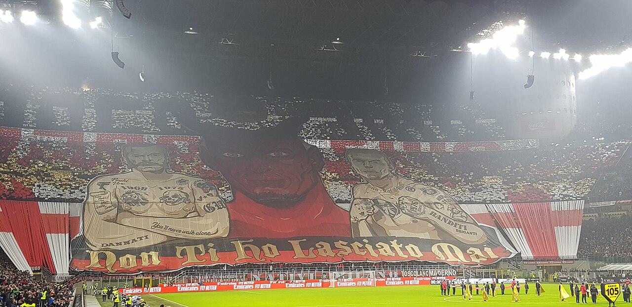 The Curva Sud coreografia at the Stadio Giuseppe Meazza before Milan v Juventus, 11 November 2018 — the night Higuaín missed a penalty against his old club and was sent off in a 0-2 defeat.