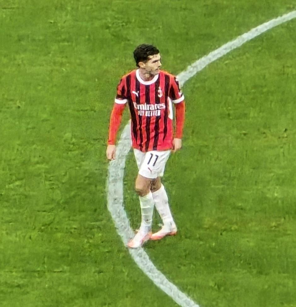 Christian Pulisic in the No. 11 at San Siro, 11 January 2025. He finished 2024-25 as Milan's top scorer with 11 Serie A goals and 17 in all competitions, then scored the goal that beat Inter 1-0 in the Derby della Madonnina on 23 November 2025.