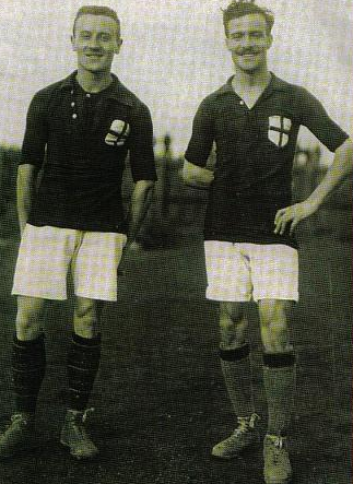 Alessandro Scarioni and Pietro Lana in Milan colours, 1910s — Lana scored in the 3-2 derby win of 10 January 1909 and converted the penalty on the November afternoon of Renzo De Vecchi's debut.