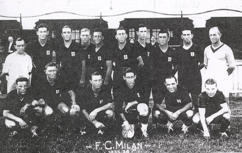 A Milan line-up from the 1935-36 Serie A season — the club's final campaign under the old name 'Milan Football Club' before the regime-era italianisation re-badged it Milan Associazione Sportiva in 1936, with Adolfo Baloncieri in charge from the bench.