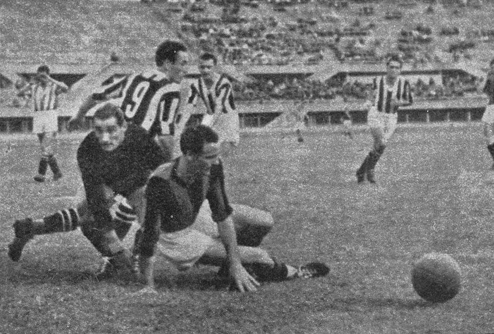 Turin, 28 June 1942 — the second leg of the Coppa Italia final, Juventus v AC Milano at the Stadio Comunale. Action in the Milan penalty area, goalkeeper Giovanni Rossetti at left; Juventus won 4-1, and the rossoneri's last final before the war swallowed the calendar ended in silver-medal heartbreak.