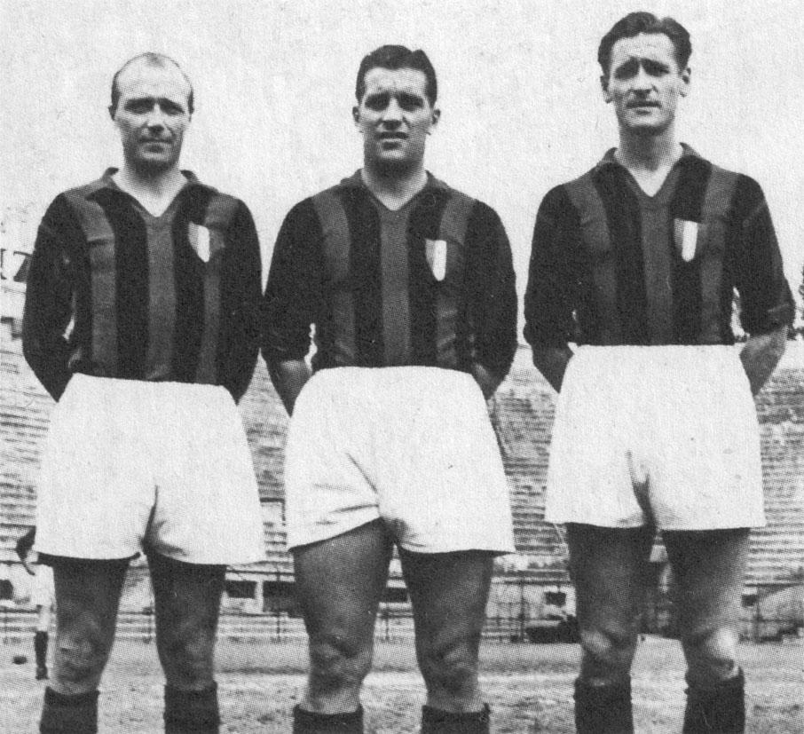Gunnar Gren, Gunnar Nordahl and Nils Liedholm — Gre-No-Li — posing with the scudetto on their shirts after conquering the 1950-51 championship.