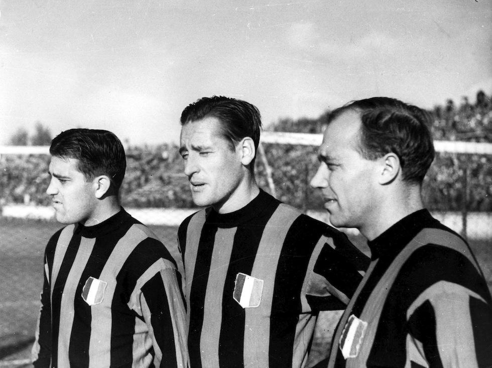 Gre-No-Li in the flesh: Gunnar Nordahl, Nils Liedholm and Gunnar Gren pose together in Milan's championship colours, 1951-52.