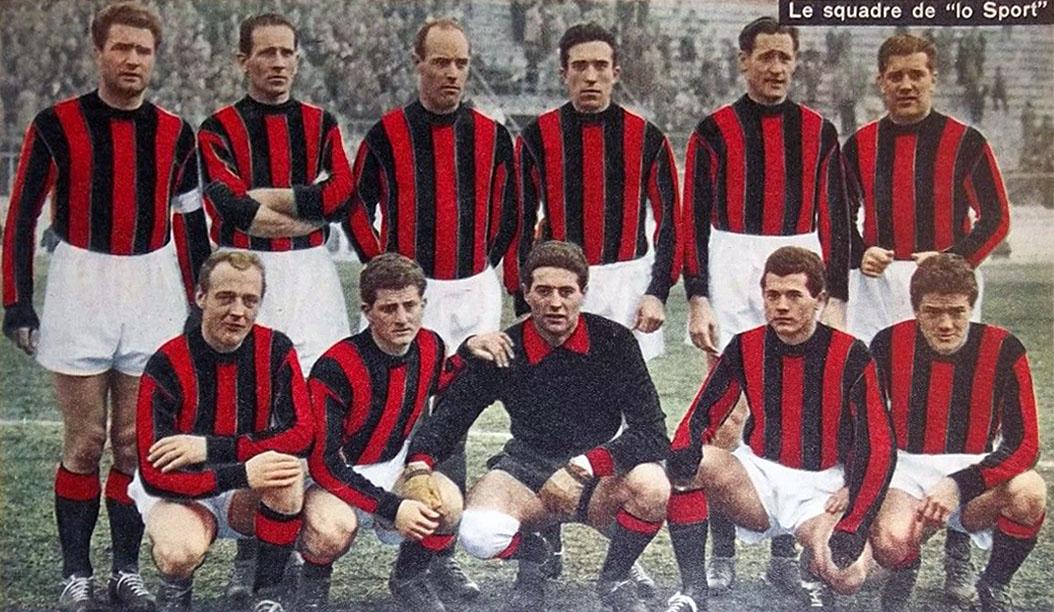 Associazione Calcio Milan, 1953-54 — lined up at San Siro on 31 January 1954 before beating Udinese 2-1, in the colour pages of Lo Sport: the post-Gren side Béla Guttmann was steering toward the scudetto of 1955.