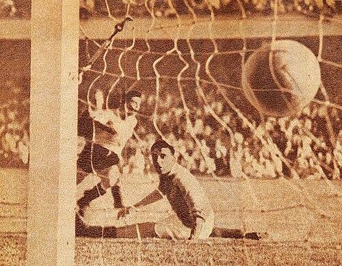 The ball hits the Scottish net as Uruguay win 7-0 at the 1954 World Cup (19 June, Basel) — the tournament where Schiaffino's brilliance persuaded Milan to pay a world-record fee for him.