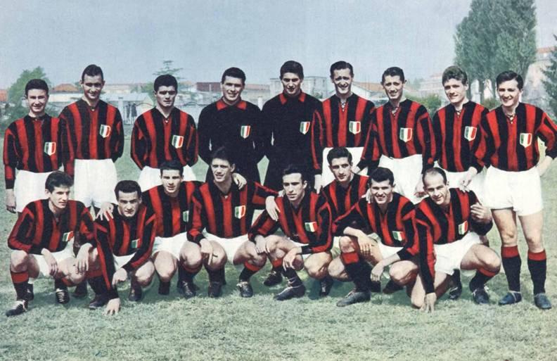 The AC Milan first-team squad for 1957-58, the season after the sixth scudetto. Standing: Reina, Galli, Fontana, Soldan, Buffon, Liedholm, Schiaffino, Radice, Bean; crouched: Beraldo, Grillo, Mariani, Maldini, Bergamaschi, Zannier, Zagatti, Cucchiaroni.