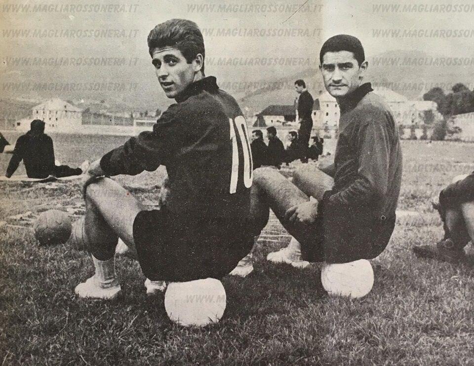 Gianni Rivera (No. 10) with Luigi Balzarini at Milan's summer training retreat in Asiago, 1963 — the golden boy of the first European Cup season.