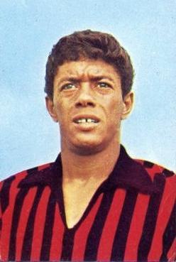 Amarildo, the Brazilian 1962 World Cup winner, in Milan colours in 1965 — top scorer of the 1964-65 season with 14 goals (Panini 'Calciatori' 1965-66).