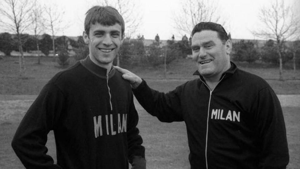 Pierino Prati and coach Nereo Rocco in training during the 1967-68 season, the campaign that ended with the scudetto and the Cup Winners' Cup.