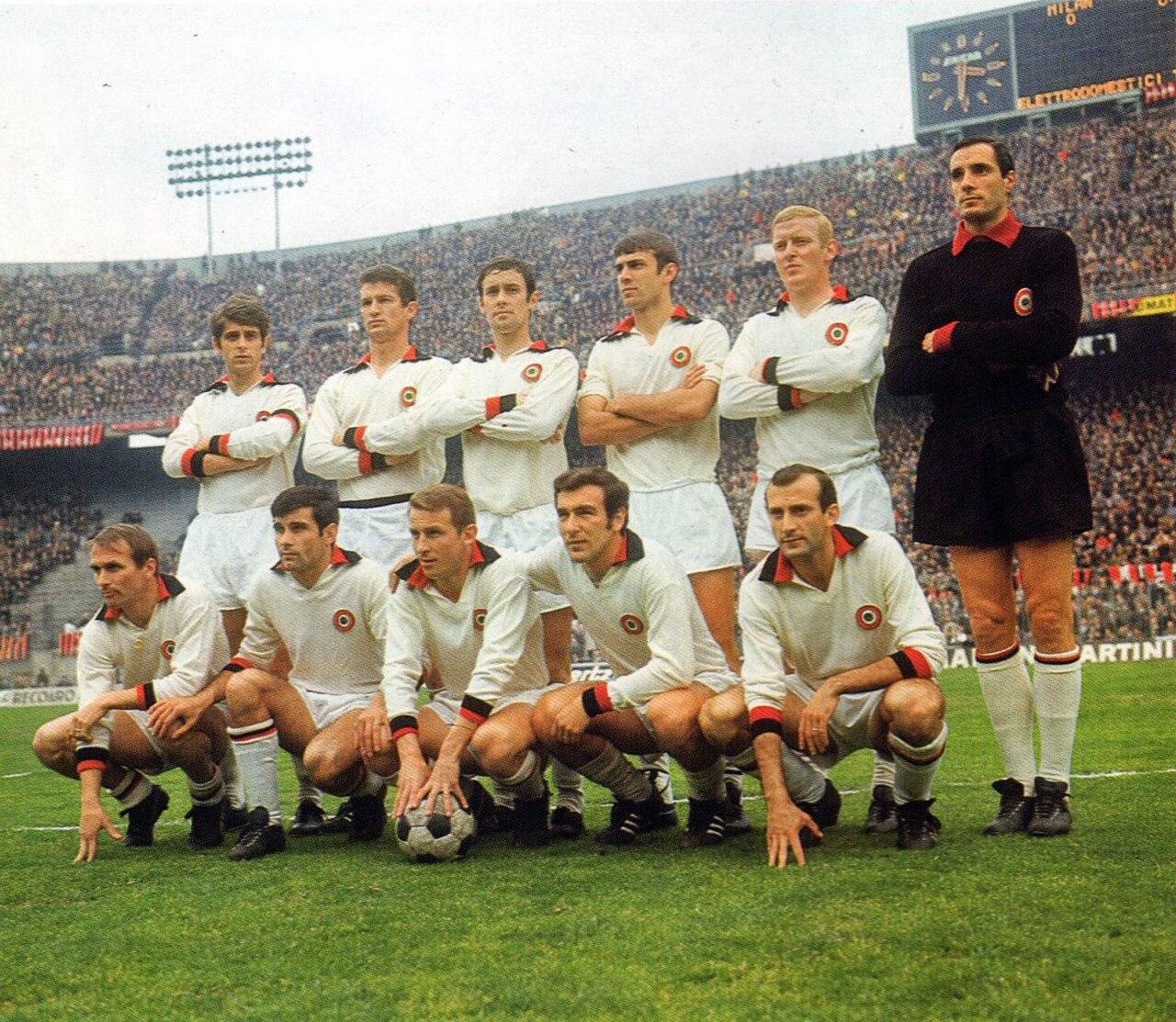 Milan line up in their white change shirts inside San Siro during the 1967-68 season.