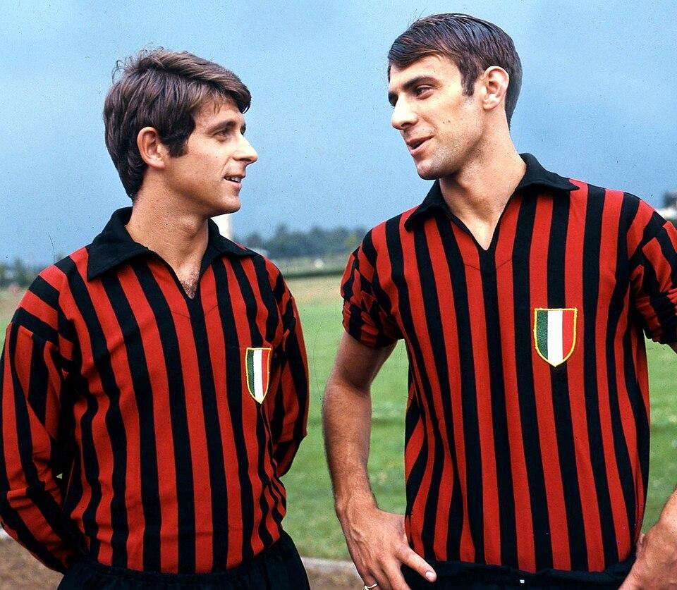 Gianni Rivera and Pierino Prati wearing the scudetto in the 1968-69 season — the year Rivera became the first Italian to win the Ballon d'Or.