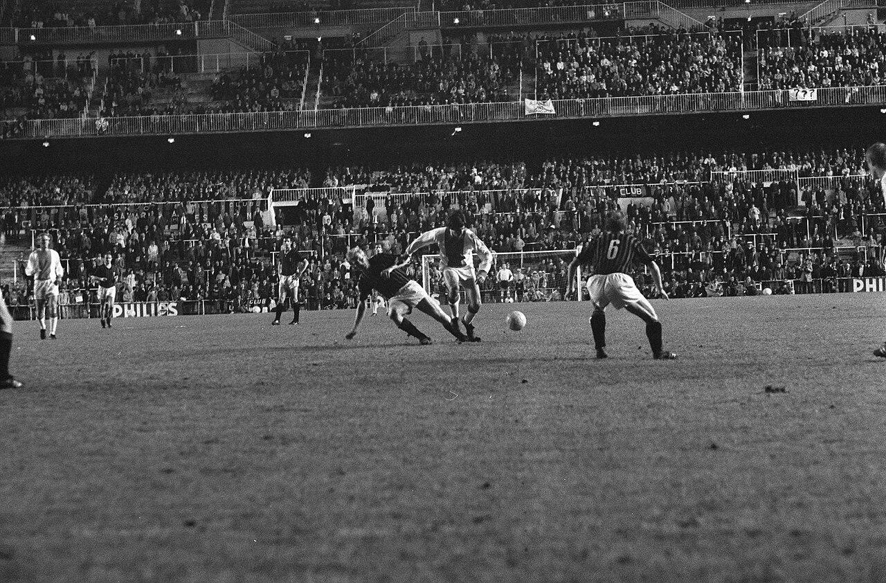 Match action from the European Cup final at the Bernabéu, Madrid, 28 May 1969 — Milan dismantle Ajax 4-1, with Pierino Prati scoring a hat-trick.