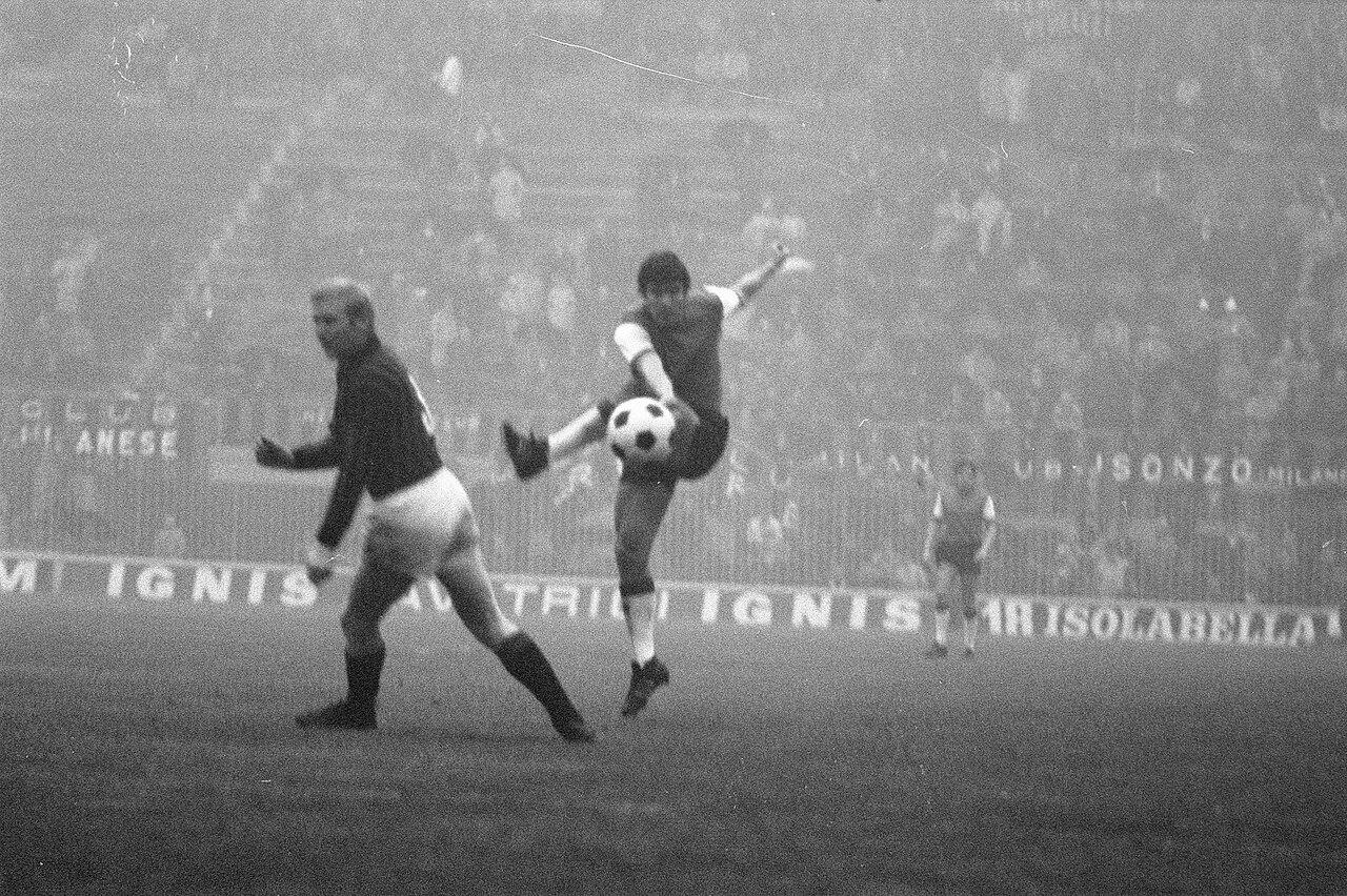 San Siro, 12 November 1969: Milan 1-0 Feyenoord in the European Cup second round, first leg — Wim van Hanegem in action with Karl-Heinz Schnellinger (left) closing in. The Dutch champions would overturn the tie 2-0 in Rotterdam, ending the holders' defence of the Cup in the 1969-70 season.