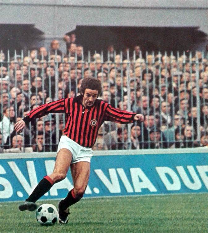 Luciano Chiarugi — 'Cavallo Pazzo', the marquee signing of summer 1972 — drives at goal at San Siro during the 1972-73 season.