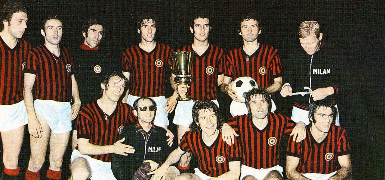 Milan pose with the Coppa Italia at Rome's Stadio Olimpico, 1 July 1973 — a 1-1 final against Juventus settled 5-2 on penalties, a measure of revenge on the champions six weeks after Fatal Verona.