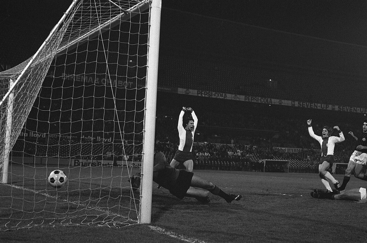 Magdeburg celebrate the opening goal — Enrico Lanzi's 42nd-minute own goal — in the Cup Winners' Cup final at a near-empty De Kuip, Rotterdam, 8 May 1974. Milan, the holders, lost 0-2 to the only GDR club ever to lift a European trophy.