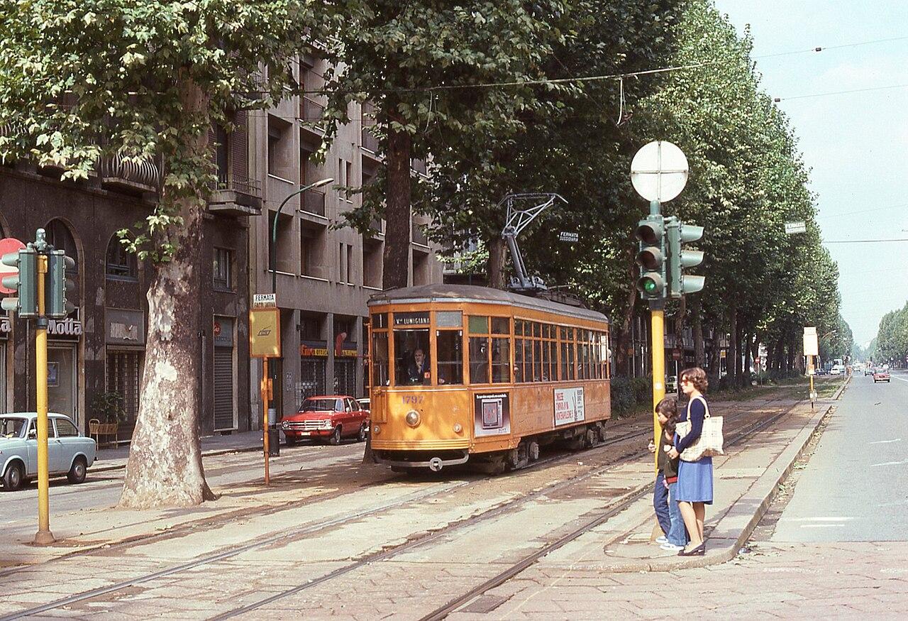 Milan, 1977 — ATM tram 1797 rolls along Corso Sempione at Piazza Sempione: the city exactly as it looked that season.