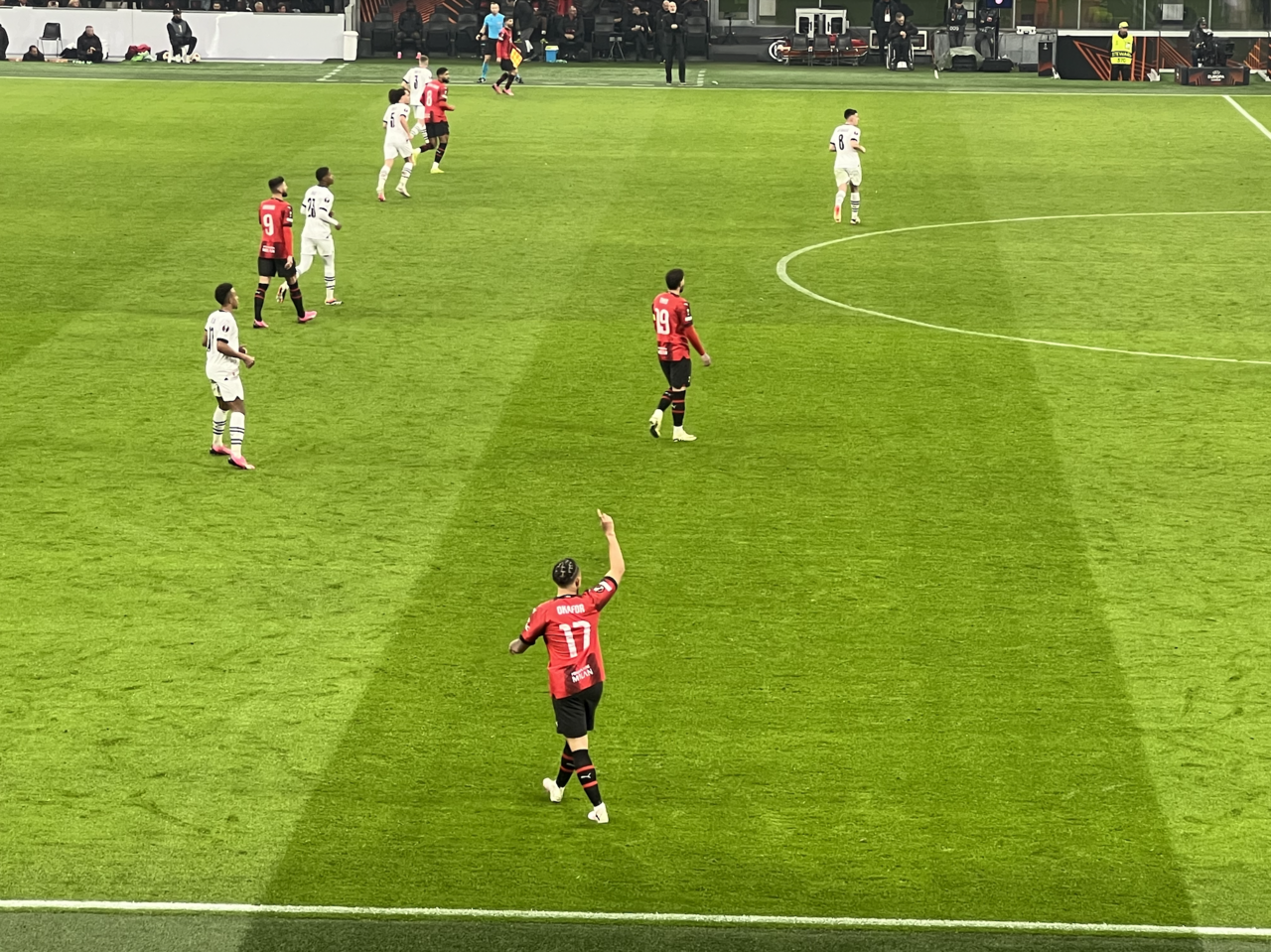 San Siro, 15 February 2024 — Noah Okafor calls for the ball as Milan beat Rennes 3-0 in the Europa League knockout play-off first leg, Ruben Loftus-Cheek scoring twice and Rafael Leão once in front of 69,021.