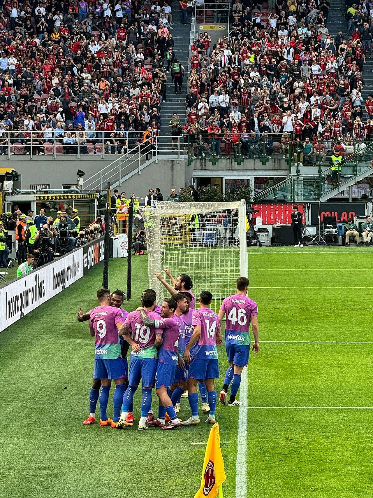 The celebration at San Siro on 6 April 2024, Milan 3-0 Lecce — Christian Pulisic on six minutes, Olivier Giroud on twenty, Rafael Leão after the break. Stefano Pioli's last spring in charge ended second on 75 points.